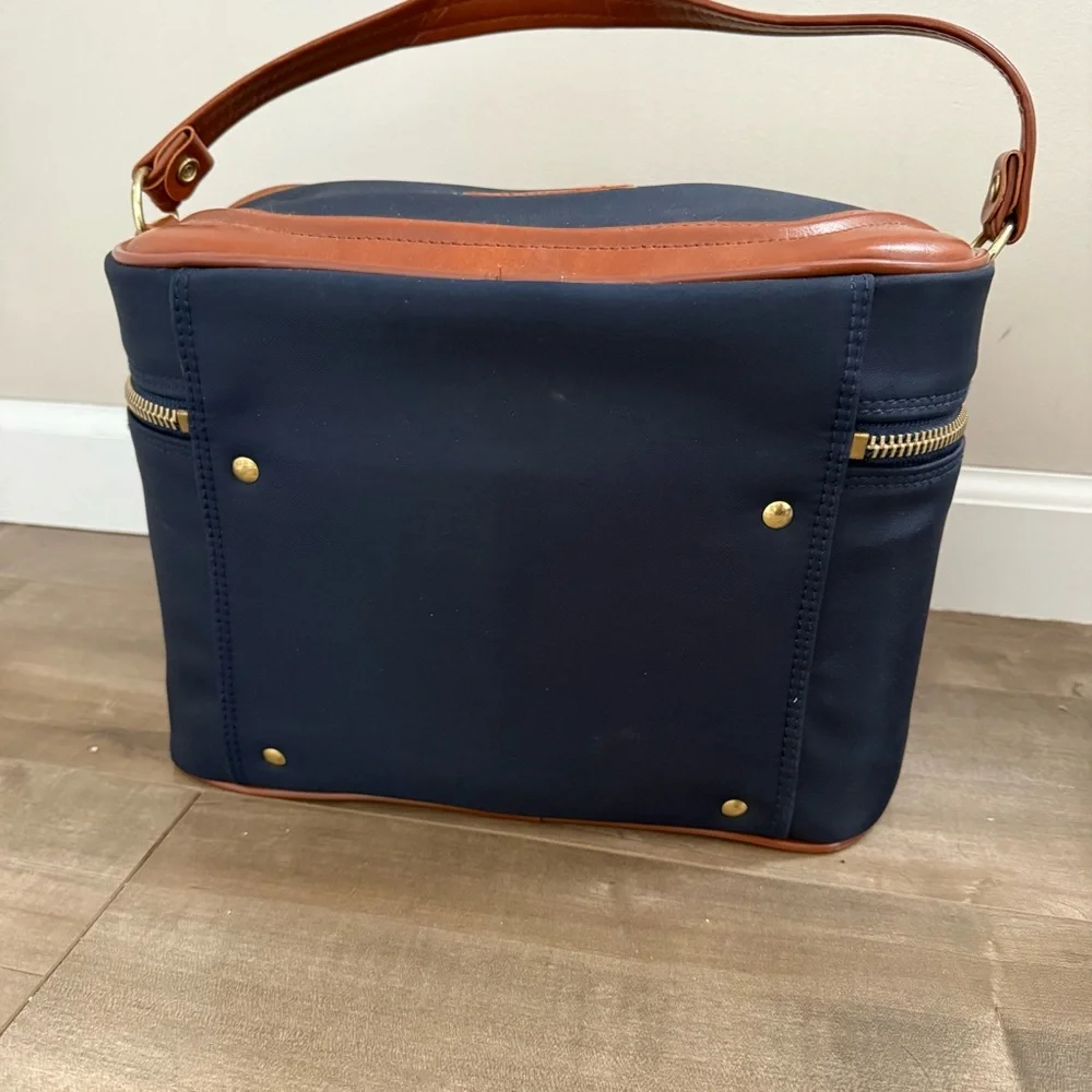 Vintage Sears Travel Train Case Bag Cosmetic Hard Case‎ Wipeable Leather Navy